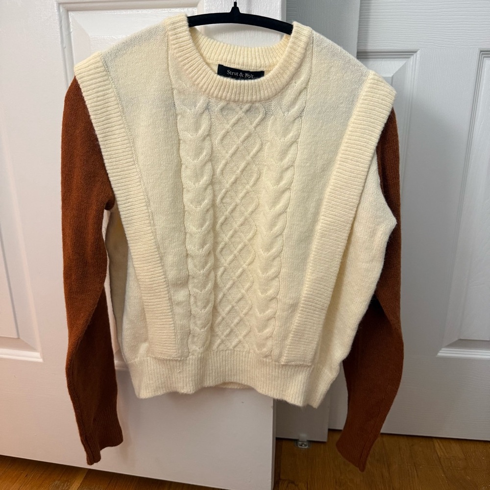 Strut & Bolt Cozy Cable Knit Sweater in Cream and Brown